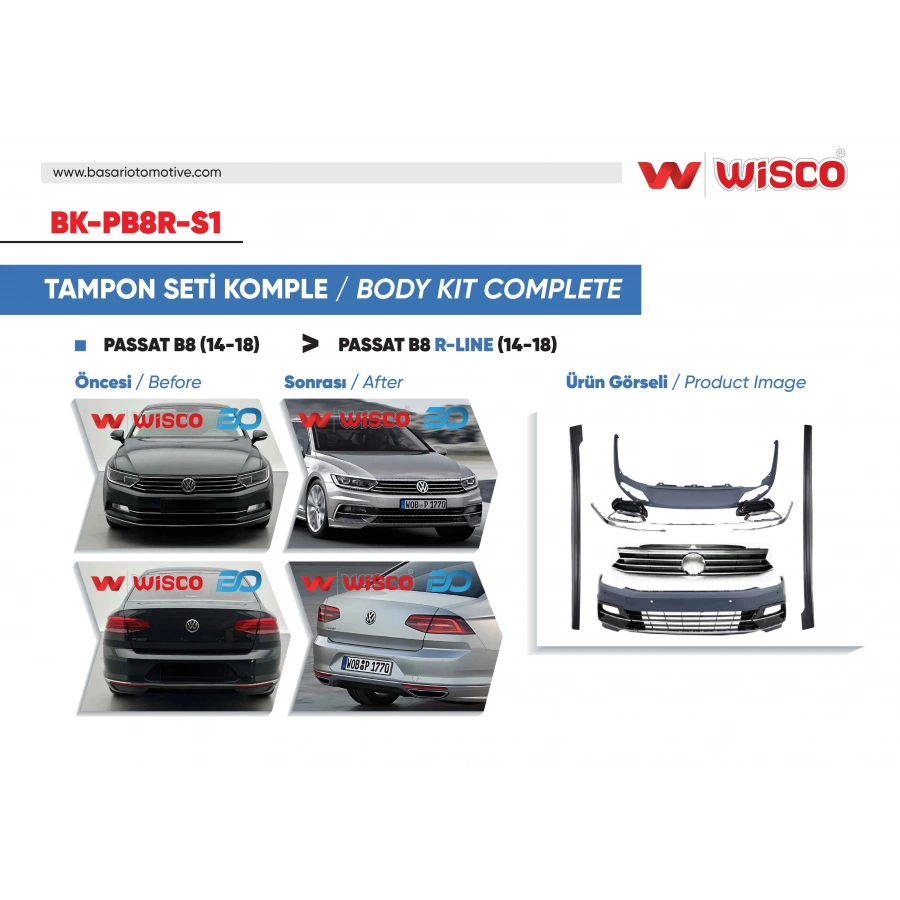 TAMPON SETI KOMPLE (ON-ARKA-YAN) VW PASSAT B8 R-LINE 14-18 (14-18 PASSAT B8 ICIN UYUMLUDUR)
