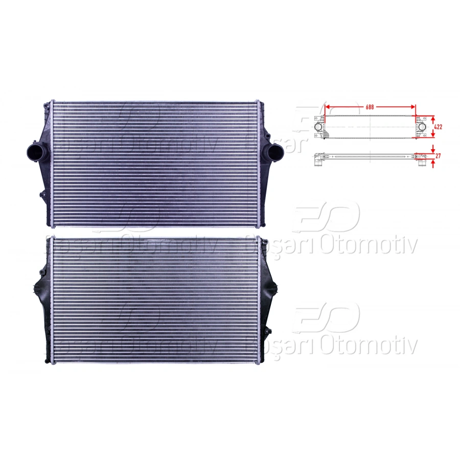 TURBO RADYATORU (INTERCOOLER) 688X422X27 VOLVO S60 1 2.0 T - 2.4 D5 - 2.4 T5 00-10/ S80 1 2.0 T - 2.4 D5 - 2.8 T6 98-06/ V70 2 2.4 D5 00-07/ XC70 2 2.4 D5 97-07