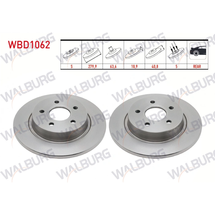 FREN DISKI ARKA DUZ KAPLAMALI 5 BJN 279,9X10,9X63,6X40,8 FORD C-MAX I 1.6 TDCI - 1.6i - 1.4i -2.0i 2007-2011/ FOCUS II (DA) 1.4i - 1.6i - 1.8i - 1.6 TDCI 2004-2011 / VOLVO S40 II 1.6i - 2.0i 2004-