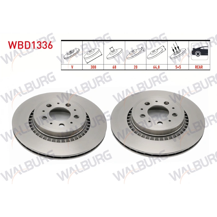 FREN DISKI ARKA HAVALI PERFORMANS DELIKLI 5 BJN 308X20X68X64,8 VOLVO XC90 I 3.2i 2002-2014/ XC90 I 2.5 T 2002-2014/ XC90 I D3 2002-2014/ XC90 I D5 2002-2014/ XC90 I T6 2002-2014