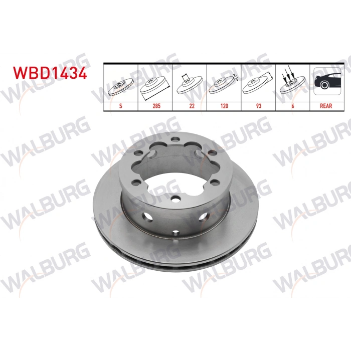 FREN DISKI ARKA HAVALI KAPLAMALI PERFORMANS DELIKLI 6 BJN 285X22X120X93 M.BENZ SPRINTER 208 CDI - 211 CDI/ 308 CDI - 311 CDI/ 411 CDI - 413 CDI 1995-2006/ VW LT 28-46 II 2.5 TDI - 2.8 TDI 1996-2006