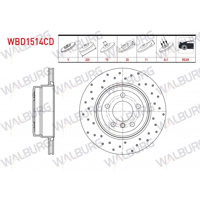 FREN DISKI ARKA HAVALI KAPLAMALI PERFORMANS DELIKLI 5 BJN 320X20X75X78,6 BMW X5 (E70) 3.0 D - 4.0 D 2007-2012/ X6 (E71,E72) 3.0 D - 3.5 D - 4.0 D 2008-