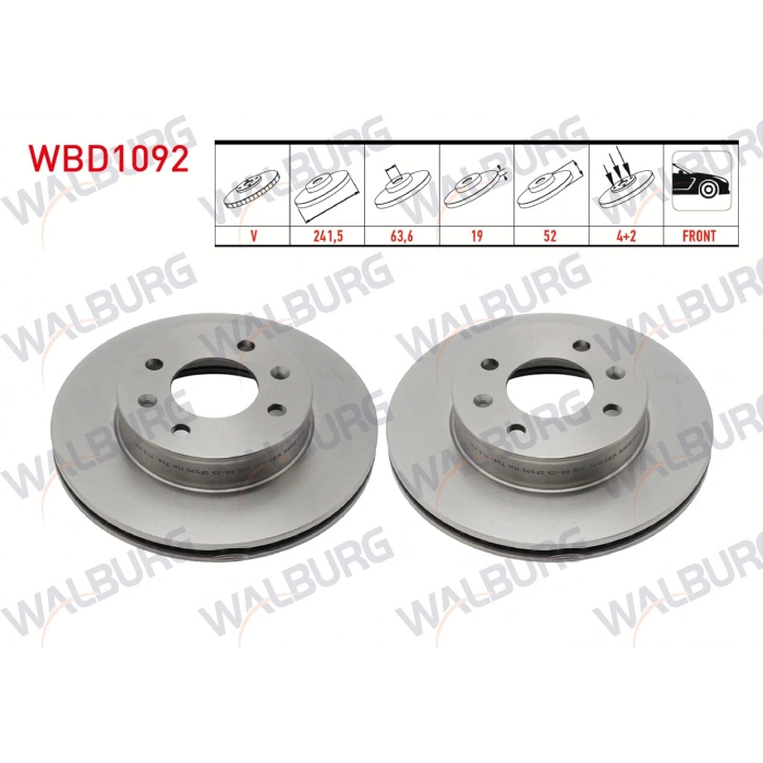 FREN DISKI ON HAVALI 4 BJN 241,5X19X63,6X52 HYUNDAI ACCENT ADMIRE 1.3 - 1.6 - 1.5 CRDI 2003-2006/ ACCENT II (LC) 1.3 - 1.5i - 1.6i 2000-2005/ ACCENT MILENIUM 1.3 - 1.5 - 1.5 CRDI 2000-2003