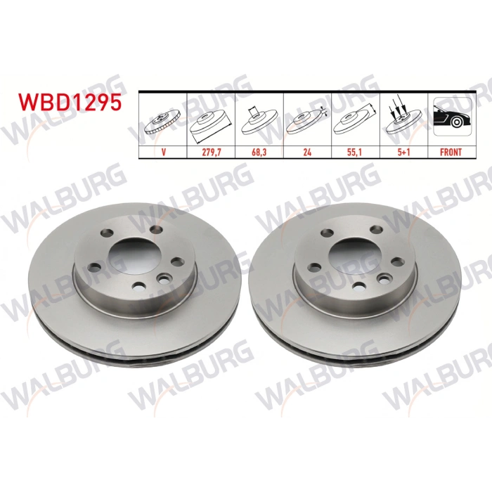 FREN DISKI ON HAVALI 5 BJN 279,7X24X68,3X55,1 VOLKSWAGEN TRANSPORTER IV 1.9 D 1990-2003 / TRANSPORTER IV 2.4 D 1990-2003 / TRANSPORTER IV 2.5 TDI 1990-2003 / TRANSPORTER IV 2.5 D 1990-2003