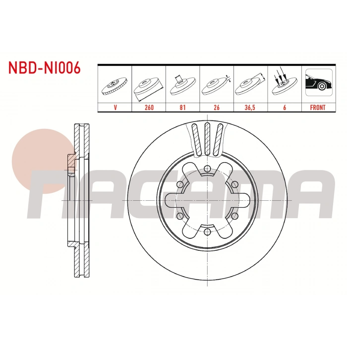 FREN DISKI ON HAVALI 6 BJN 260X26X81X36,5 NISSAN PICK UP (D22) 2.5 D 4X4 1998- / PICK UP (D22) 2.5 DI 4X4 1998-