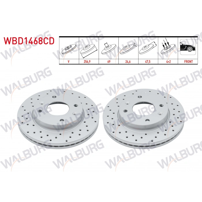 FREN DISKI ON HAVALI KAPLAMALI PERFORMANS DELIKLI 4 BJN 256,9X24,6X69X47,5 HYUNDAI ELANTRA 1.6i 2001-2007/ SONATA 2.0i 2001-2004/ KIA MAGENTIS 2.0i 2001-2005