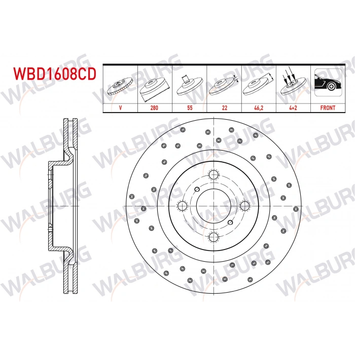 FREN DISKI ON HAVALI KAPLAMALI PERFORMANS DELIKLI 4 BJN 280X22X55X46,2 TOYOTA YARIS (_P13_) 1.5 2017- / YARIS (_P13_) 1.5 Hybrid 2012-