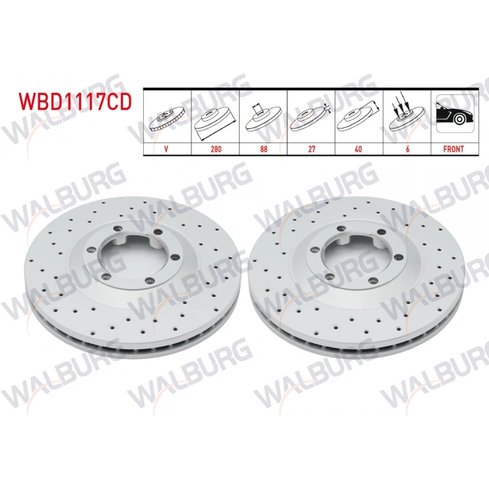 FREN DISKI ON HAVALI KAPLAMALI PERFORMANS DELIKLI 6 BJN 280X27X88X40 ISUZU D-MAX (8DH) 2.5 D 4X4 2002-2012 / D-MAX (8DH) 3.0 D A-T 4X4 2002-2012 / D-MAX (8DH) 2.5 DITD 4X4 2002-2012