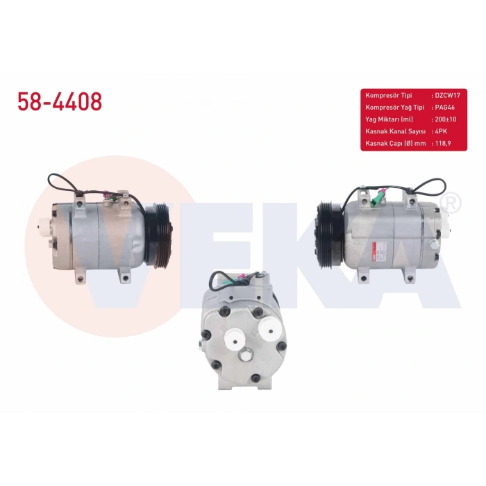 KLIMA KOMPRESORU 4PK 118,9mm VOLKSWAGEN PASSAT 1.6 - 1.9 TDI 1996-2000 / AUDI A4 1.6 1994-2001/ A6 1.9 TDI 1997-2004