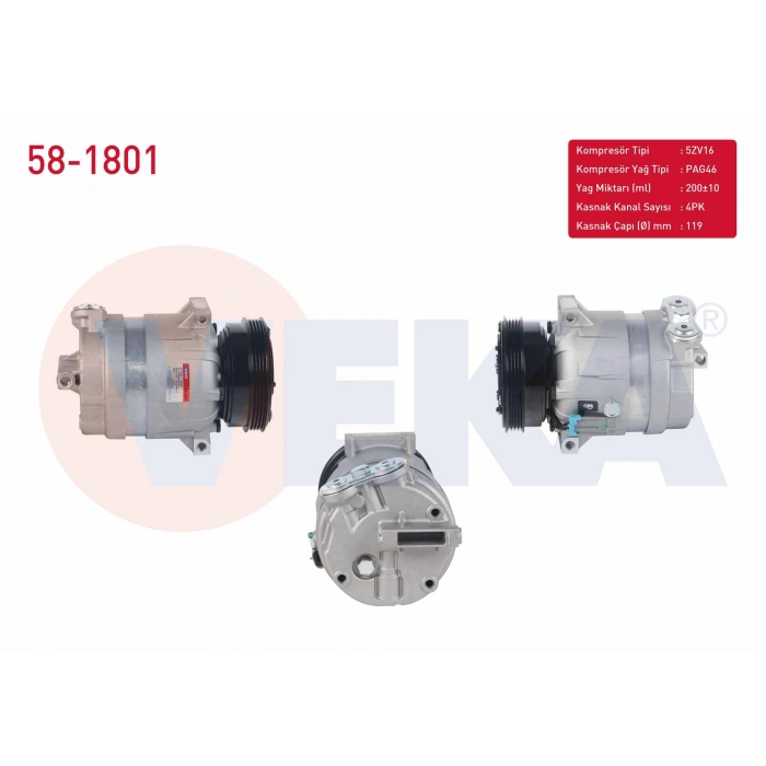 KLIMA KOMPRESORU 4PK 119mm FIAT BRAVA 1.6 16v 1995-2002/ BRAVO 1.6 16v 1995-2004/ MAREA 1.6i 16v 1996-2007