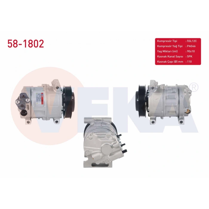 KLIMA KOMPRESORU 5PK 110mm ALFA ROMEO MITO 1.4 2012- / FIAT DOBLO 1.4 2010-/ FIORINO 1.4 2007-/ FIAT LINEA 1.4 2007- / PUNTO 1.4 2012- / OPEL COMBO 1.4 2012-