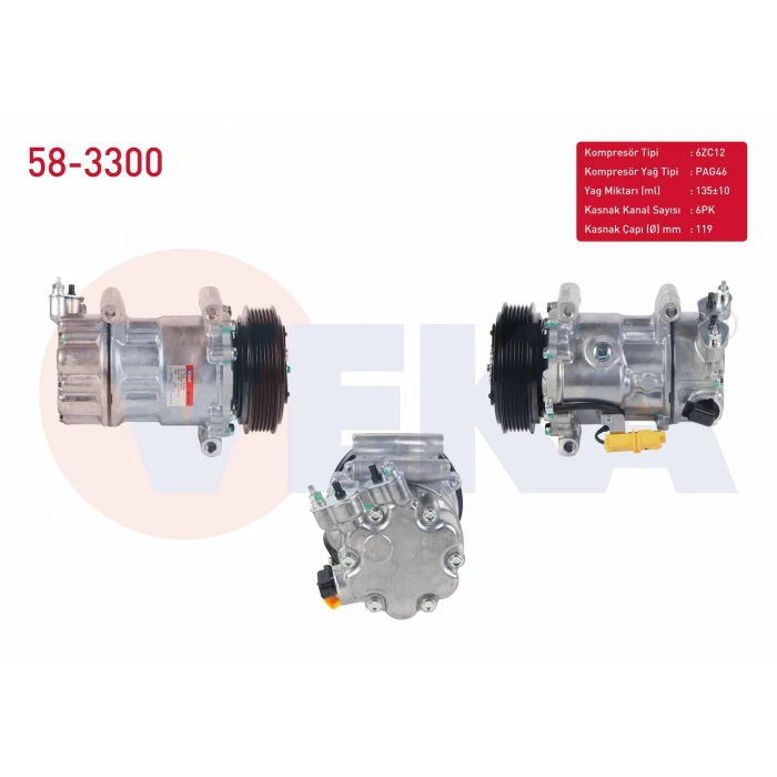 KLIMA KOMPRESORU 6PK 119mm CITROEN BERLINGO 1.6 HDI 2008-/ C3 II 1.6 HDI 2009-2016/ C4 1.6 HDI 2004-2009/ PEUGEOT 207 1.6 HDI 2006-2012/ PARTNER TEPEE 1.6 HDI 2008-/ 508 1.6 HDI 2010-