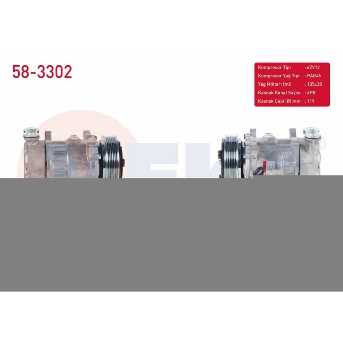 KLIMA KOMPRESORU 6PK 119mm CITROEN C2 1.4 2003-2009/ C3 1.6 2002-2009/ XSARA 1.6 1997-2005/ PEUGEOT 206 1.4 HDI - 1.6i 16v 1998-2006/ 307 1.6 2000-2007