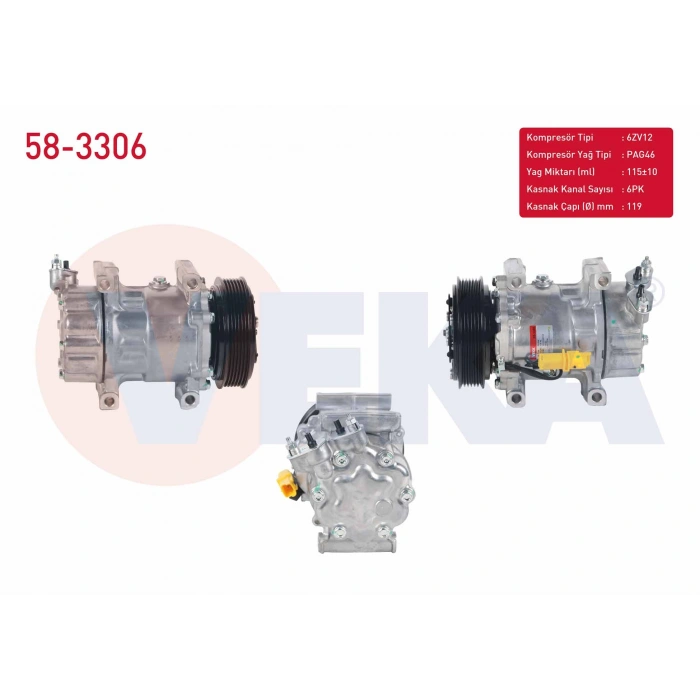 KLIMA KOMPRESORU 6PK 119mm CITROEN C2 1.4 HDI 2003-2009/ C3 1.4 HDI 2002-2009/ NEMO 1.4 HDI 2007-/ FIAT FIORINO 1.4i 2007-/ PEUGEOT BIPPER 1.4 HDI 2008-/ 206 GTI 1998-2006/ 307 1.6 HDI 2000-2007