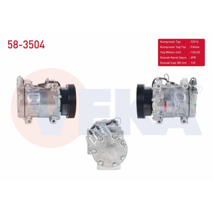 KLIMA KOMPRESORU 6PK 125mm DACIA DUSTER 1.5 DCI - 1.6 16v 2010- / LOGAN 1.5 DCI 2004-2012 / SANDERO 1.5 DCI 2008-2013