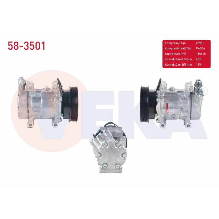 KLIMA KOMPRESORU 6PK 125mm DACIA LOGAN 1.4 MPI 2004-2012/ SANDERO 1.4 2008-2013/ RENAULT KANGOO 1.5 DCI 1998-2008/ CLIO II 1.5 DCI 1998-2005/ MEGANE II 1.5 DCI 2002-2008/ SYMBOL 1.5 DCI 2008-2012
