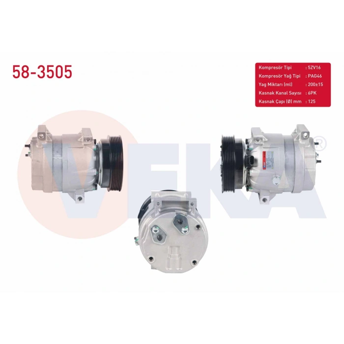 KLIMA KOMPRESORU 6PK 125mm RENAULT MEGANE I 1.4i 16v - 1.6i 16v 1996-2003 / SCENIC I 1.4i 16v - 1.6i 16v 1999-2003