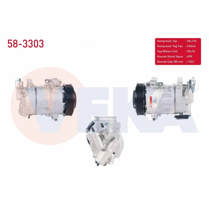KLIMA KOMPRESORU MUSURLU 6PK 118,5mm CITROEN BERLINGO 1.6 HDI 2008-/ C4 1.6 HDI 2009-/ CACTUS 1.6 HDI 2014-/ DS3 1.6 HDI 2014-/ PEUGEOT 2008 1.6 HDI 2013-/ PARTNER 1.6 HDI 2008-/ RCZ 1.6 THP 2013-2015