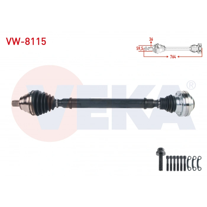 KOMPLE AKS SAG ON UZUNLUK 764mm VOLKSWAGEN GOLF V (1K1) 1.4 TSI A-T 2003-2009/ JETTA III (1K2) 1.4 TSI A-T 2005-2010/ GOLF PLUS (5M1) 1.4 TSI 2006-2008