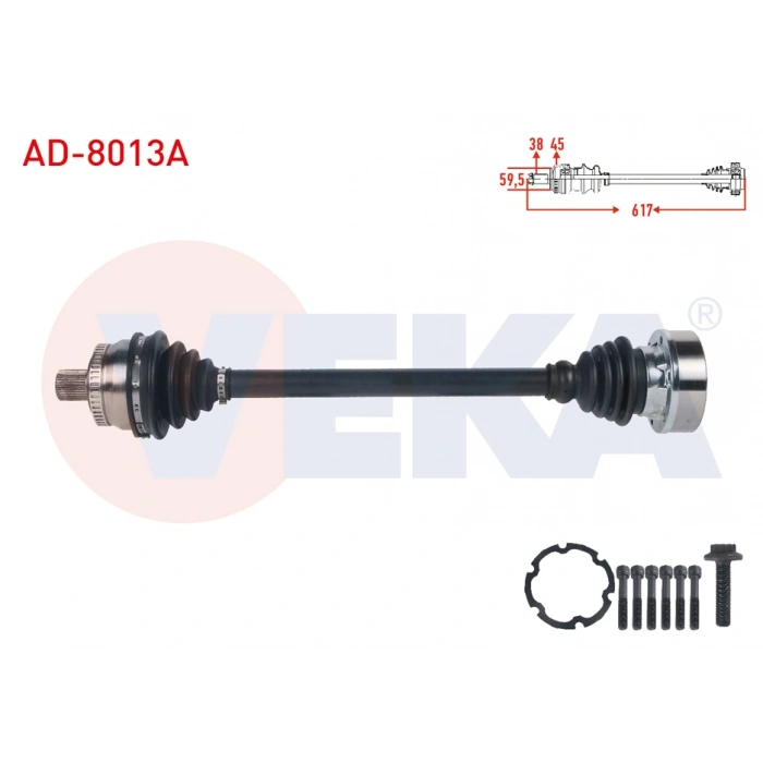 KOMPLE AKS SOL ON ABSLI 45 DIS UZUNLUK 617mm AUDI A4 (8E2,B6) 1.6 2000-2004/ A4 (8EC,B7) 1.6 2004-2008