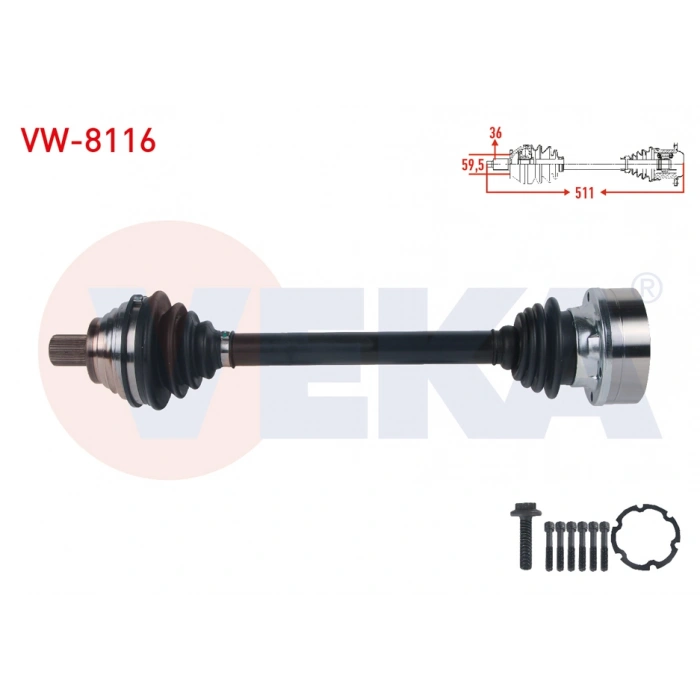 KOMPLE AKS SOL ON UZUNLUK 511mm VW GOLF VII (5G1) 1.2 TSI M-T 2012-/ PASSAT (3C2) 1.6 2005-2008/ AUDI A3 (8V1) 1.2 TFSI M-T 2012-/ SEAT LEON 1.2 TSI M-T 2012-/ SKODA OCTAVIA (5E3) 1.2 TSI M-T 2012-