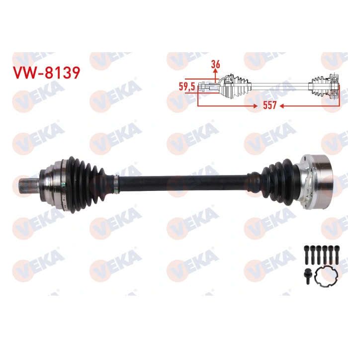 KOMPLE AKS SOL ON UZUNLUK 557mm VOLKSWAGEN GOLF V (1K1) 1.6 FSI M-T 2003-2009/ AUDI A3 1.6 FSI M-T 2003-2007/ SKODA OCTAVIA II 1.6 FSI M-T 2004-2008