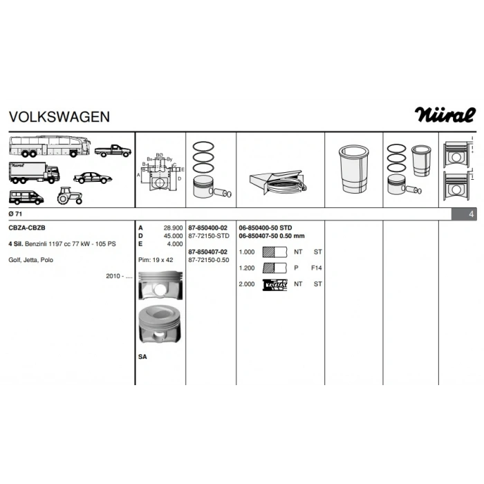 PISTON+SEGMAN 19 Ø (71,00 mm) POLO-A1-IBIZA-FABIA CBZA-CBZB 1,2 TSI 10-