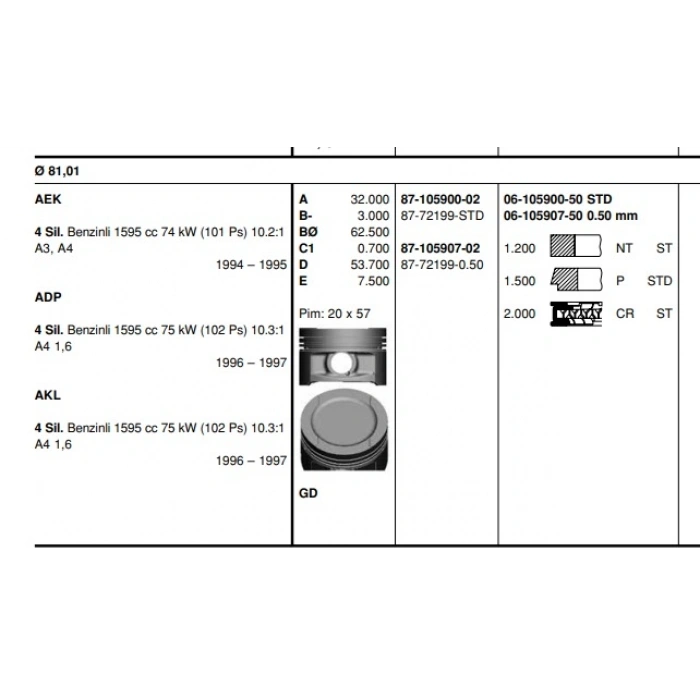 PISTON+SEGMAN 20 Ø (81,5 mm) GOLF4-BORA-PASSAT-A3-TOLEDO AKL-AFT-ADP-AEH 1,6 97-04