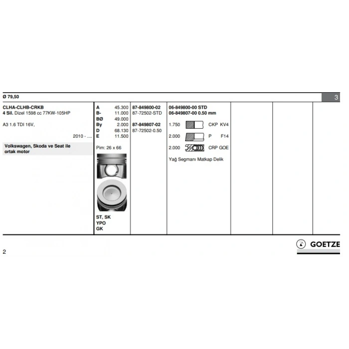 PISTON+SEGMAN 26 Ø (79,5 mm) GOLF7-A3-LEON CLHA-CLHB-CRKB 1,6 TDI 13-