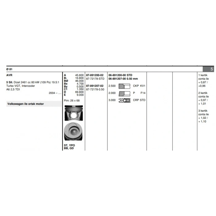 PISTON+SEGMAN 26 Ø (81,5 mm) LT-CRAFTER AVR-BJK 2,5 TDI 06-