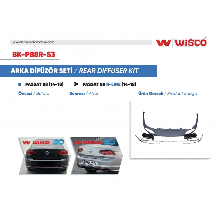 TAMPON DIFUZOR SETI (ENJEKSIYON URETIMI 1. KALITE) VW PASSAT B8 R-LINE 14-18 (14-18 PASSAT B8 ICIN UYUMLUDUR)