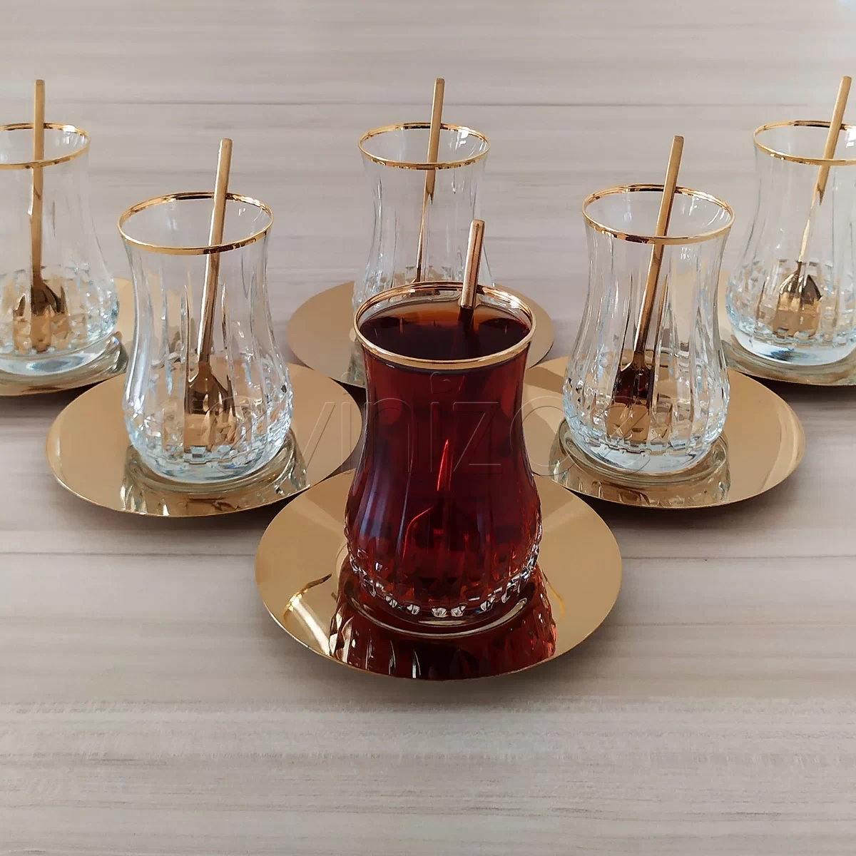 Eva Golden Lizbon Kesme Dekor Çelik Tabaklı Çay Seti -6 Kişilik