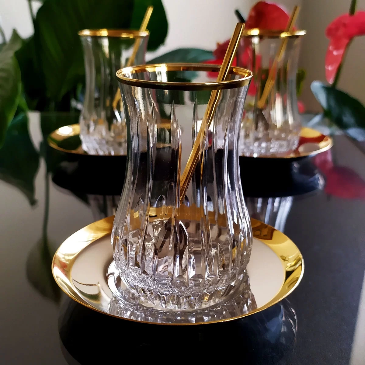 Eva Lizbon Gold Şeritli Çelik Tabaklı Çay Kaşık Takımı - 6 Kişilik