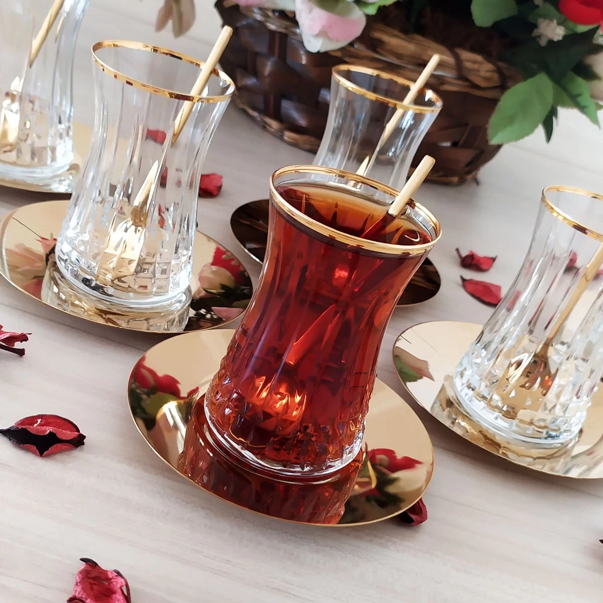 Paşabahçe Lizbon Çelik Gold Tabaklı Çay Seti-6 Kişilik