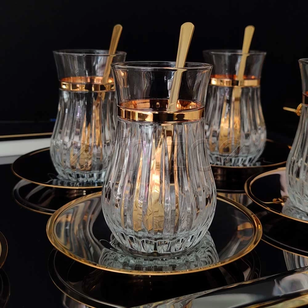 Eva Liza Grand Luna Çelik Tabaklı Tepsili Çay Seti-6 Kişilik