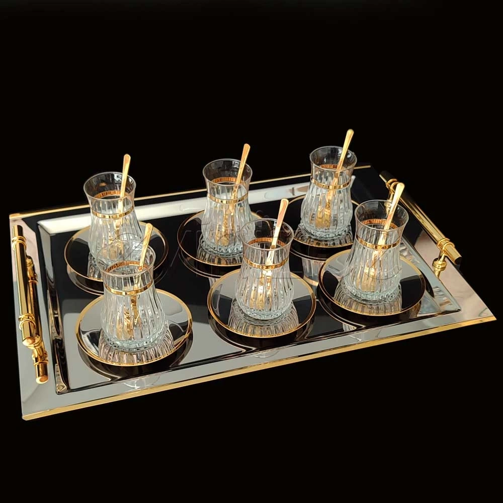 Eva Liza Grand Luna Çelik Tabaklı Tepsili Çay Seti-6 Kişilik