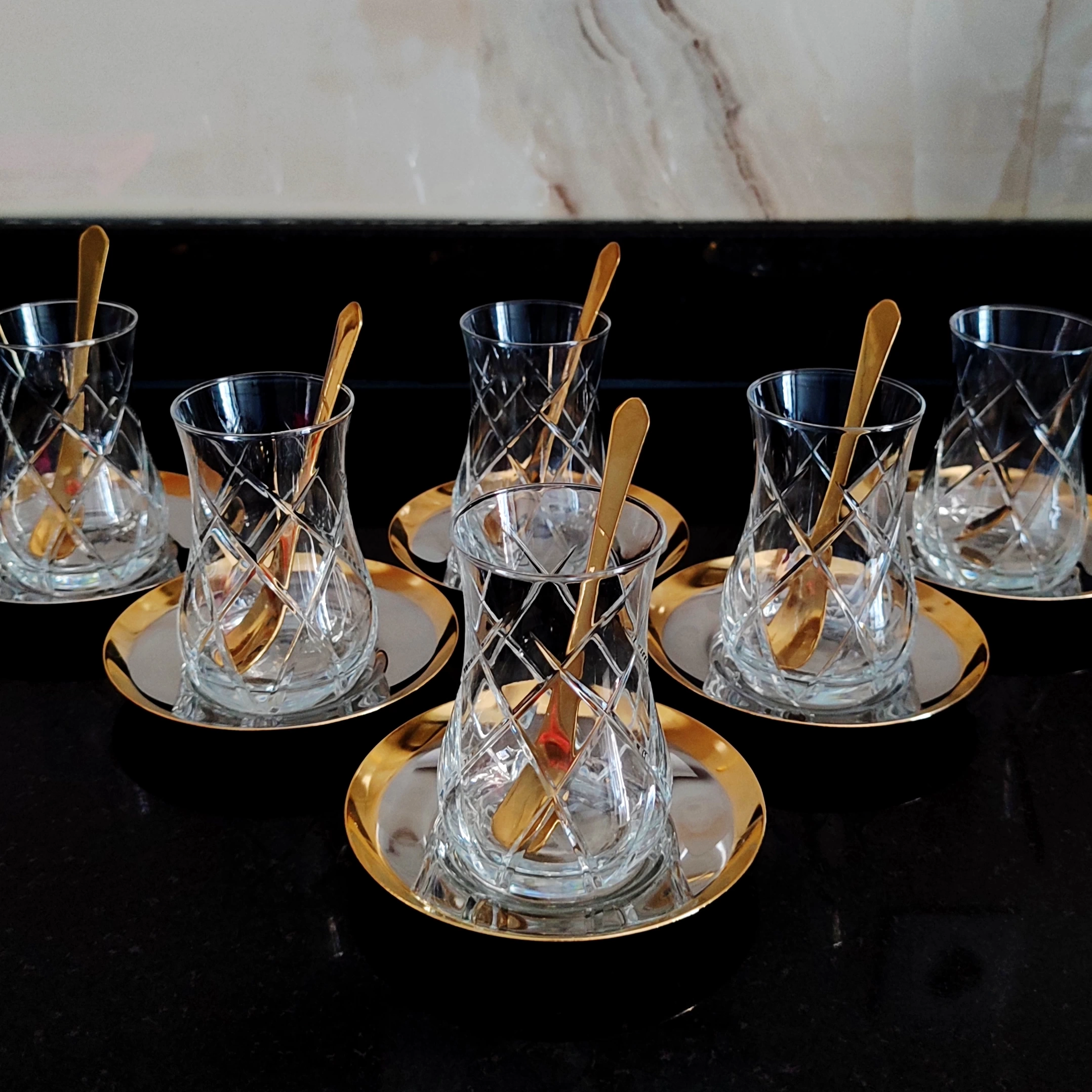 Eva Ym Kesme Dekor Çelik Tabaklı Çay Seti - 6 Kişilik, 18 Parça