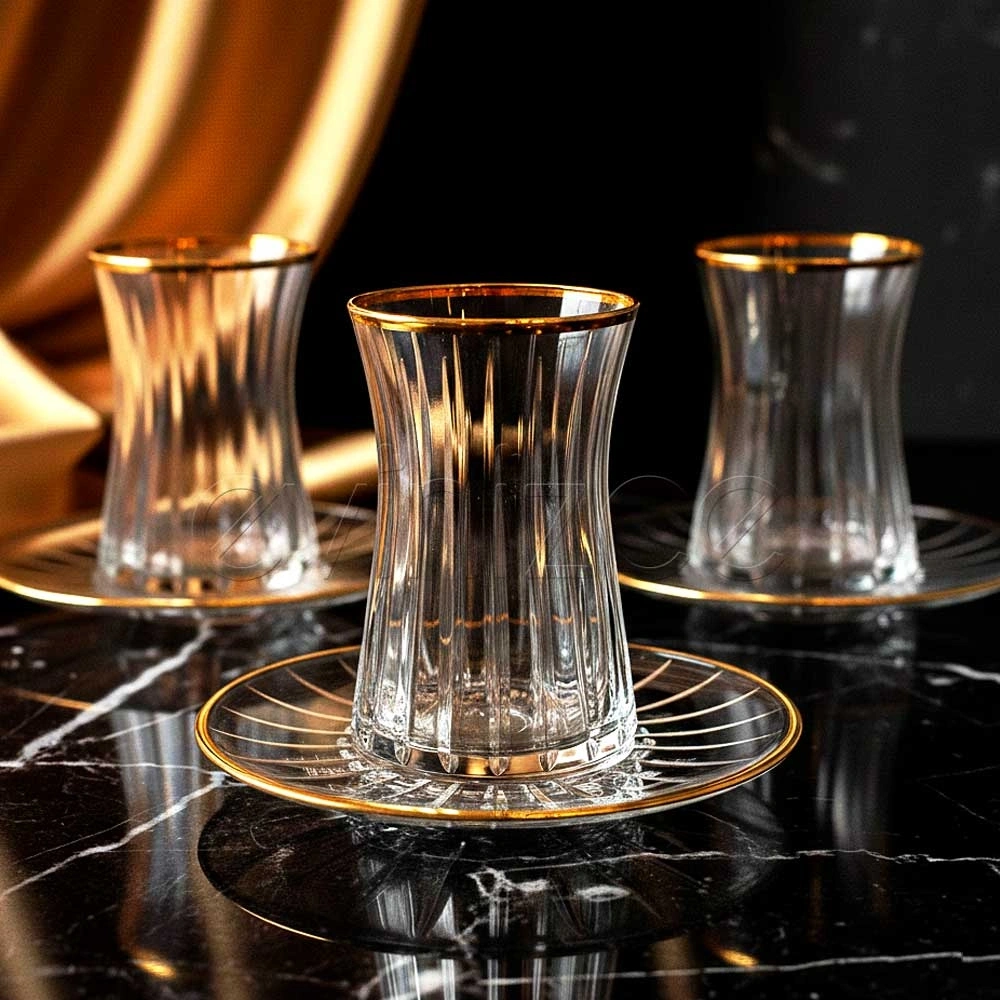 Heybeli Liza Gold Kesme Dekor Çay Takımı - 6 Kişilik