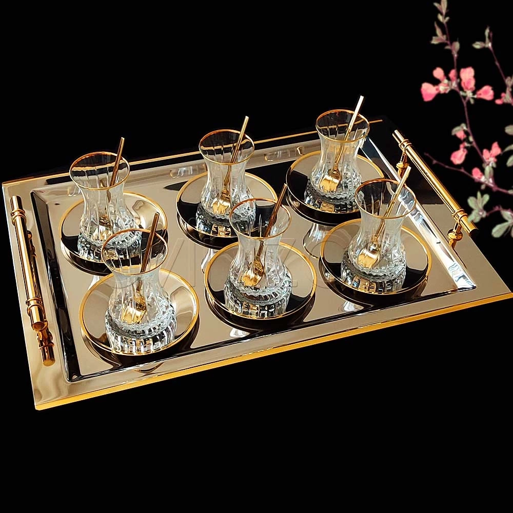İnce Belli Lizbon Gold Luna Tepsili Çay Seti-12 Kişilik