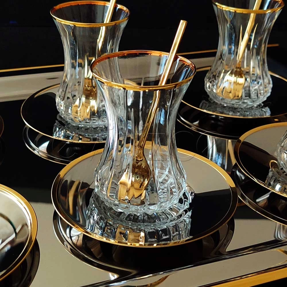 İnce Belli Lizbon Gold Luna Tepsili Çay Seti-12 Kişilik