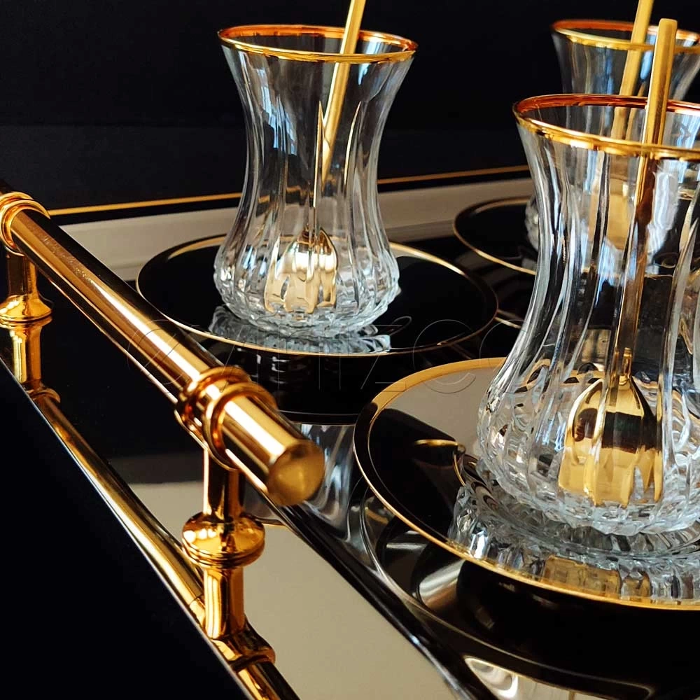 İnce Belli Lizbon Gold Luna Tepsili Çay Seti-12 Kişilik