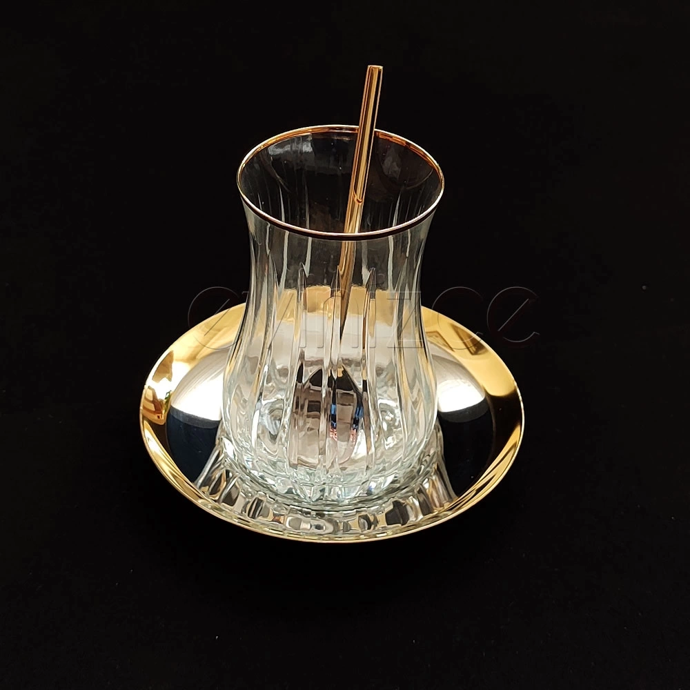 Liza Gold Bardaklı Gold Şeritli Çelik Tabaklı Çay Seti-6 Kişilik