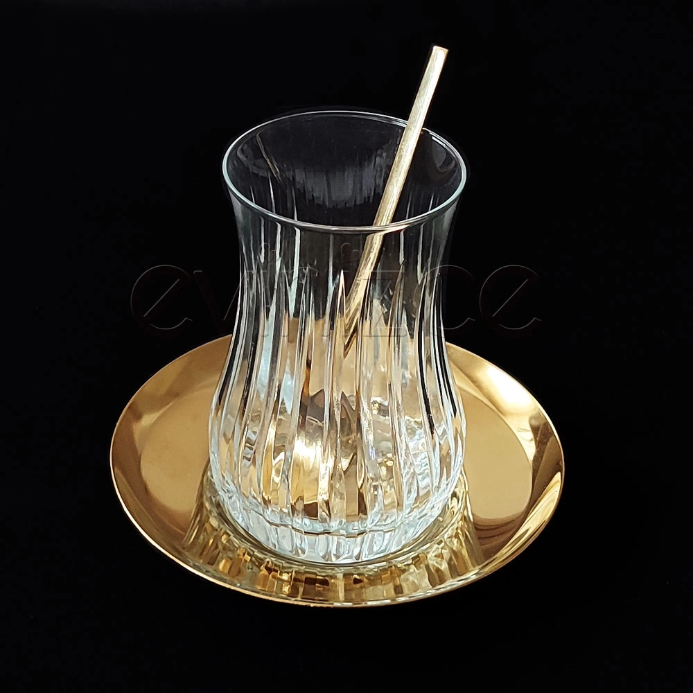 Liza Kesme Dekor Bardaklı Gold Çelik Tabaklı Çay Seti-6 Kişilik