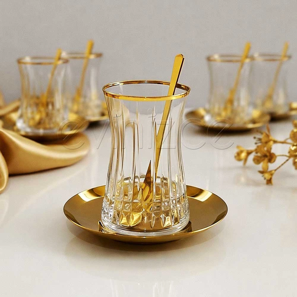 Paşabahçe 42361 Lizbon Çay Bardak Gold Tabak Kaşık Takımı- 18 Parça