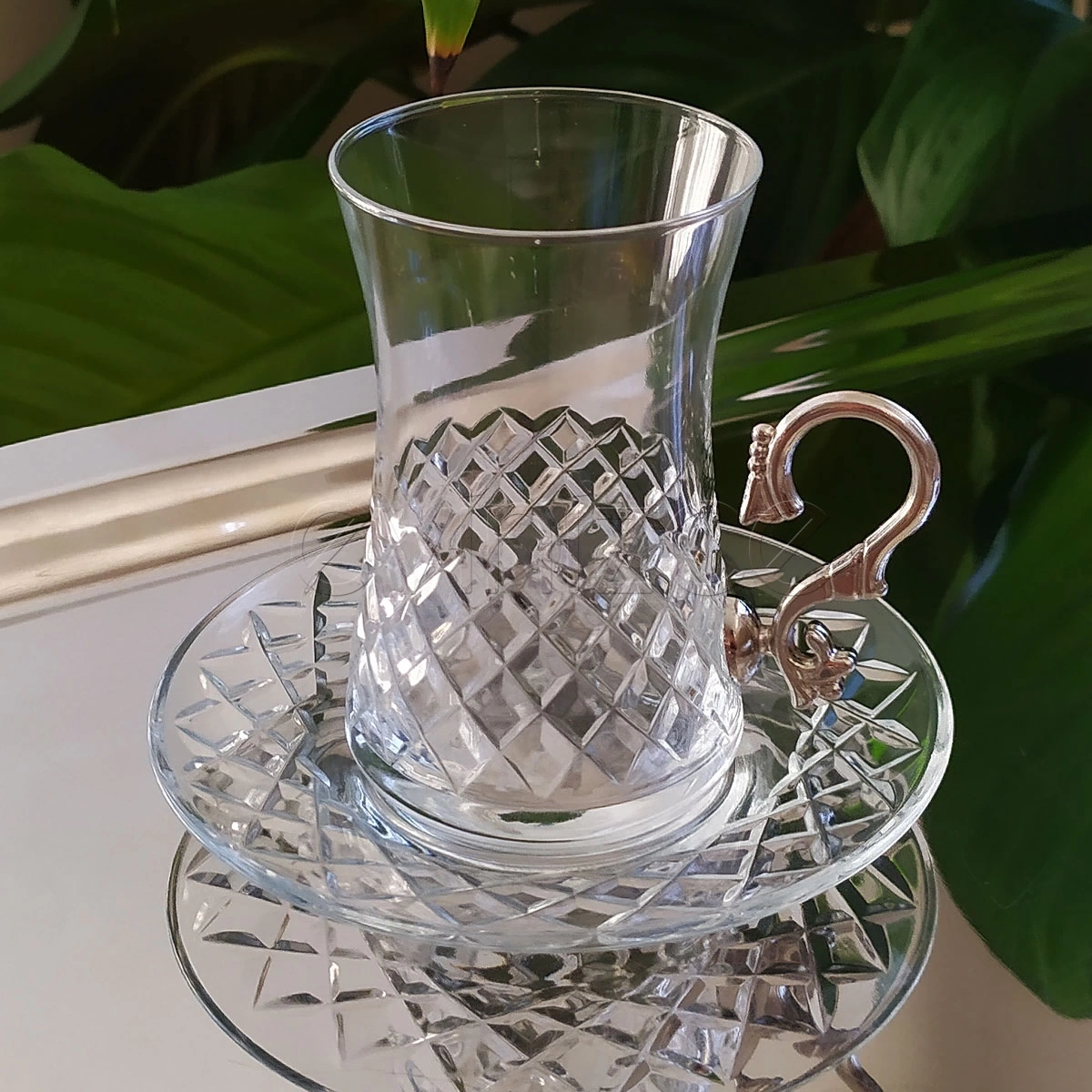 Paşabahçe Baklava Kesme Dekor Gümüş Kulplu Çay Takımı-6 Kişilik