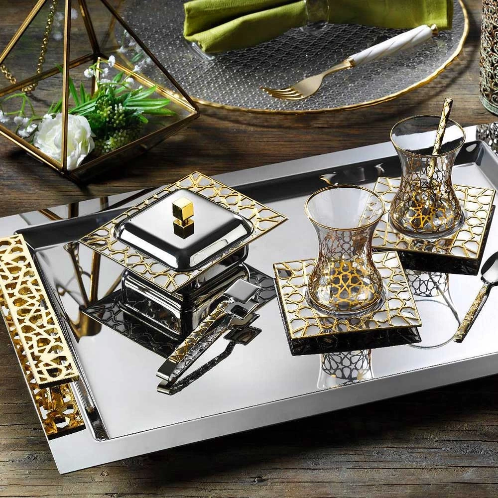 Selçuklu Gold Tepsili Çay Seti-12 Kişilik,40 Parça