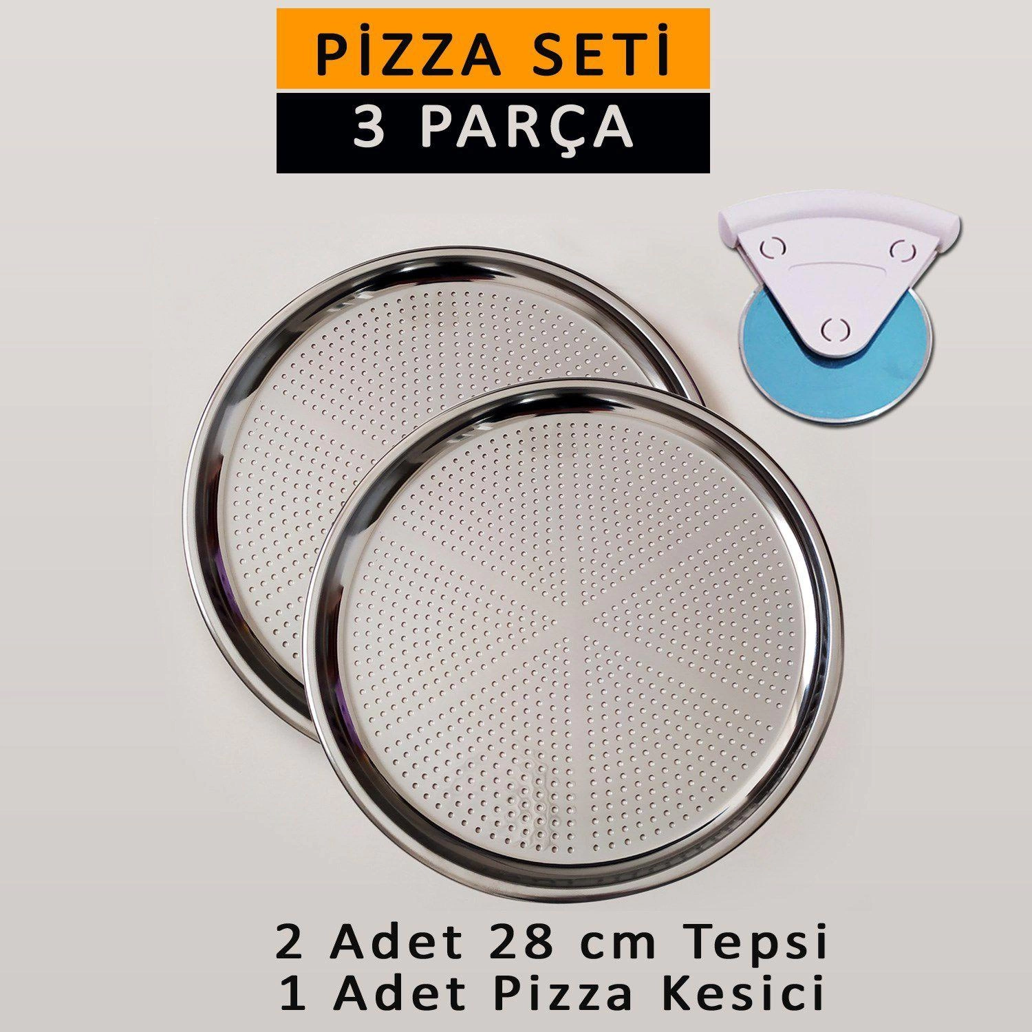 Çelik Delikli Pizza ve Lahmacun Tepsisi ve Kesici - 3 Parça