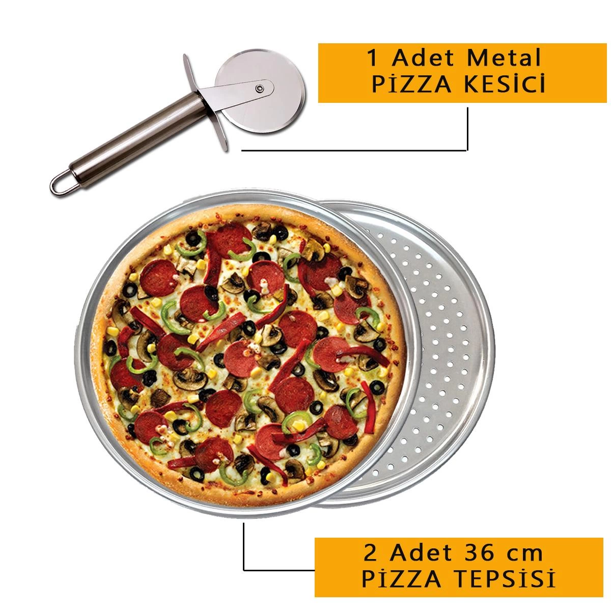 Çelik Pizza ve Lahmacun Tepsisi ve Kesici-3 Parça