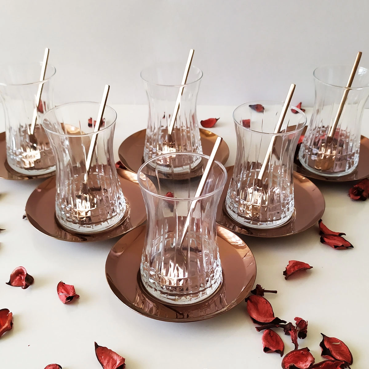 Paşabahçe Lizbon Çay Bardak Çelik Rose Gold Tabak ve Kaşık- 18 Parça