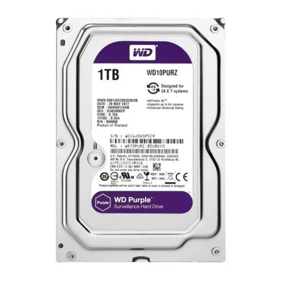 1 Tb Wd 3.5 Purple Sata3 5400rpm 64mb 7/24 Guvenlık Wd10purz (3 Yıl Resmı Dıst Garantılı)